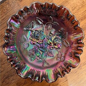 Vibrant 1910’s Imperial Glass Open Rose Carnival Bowl Footed Ruffled Amethyst